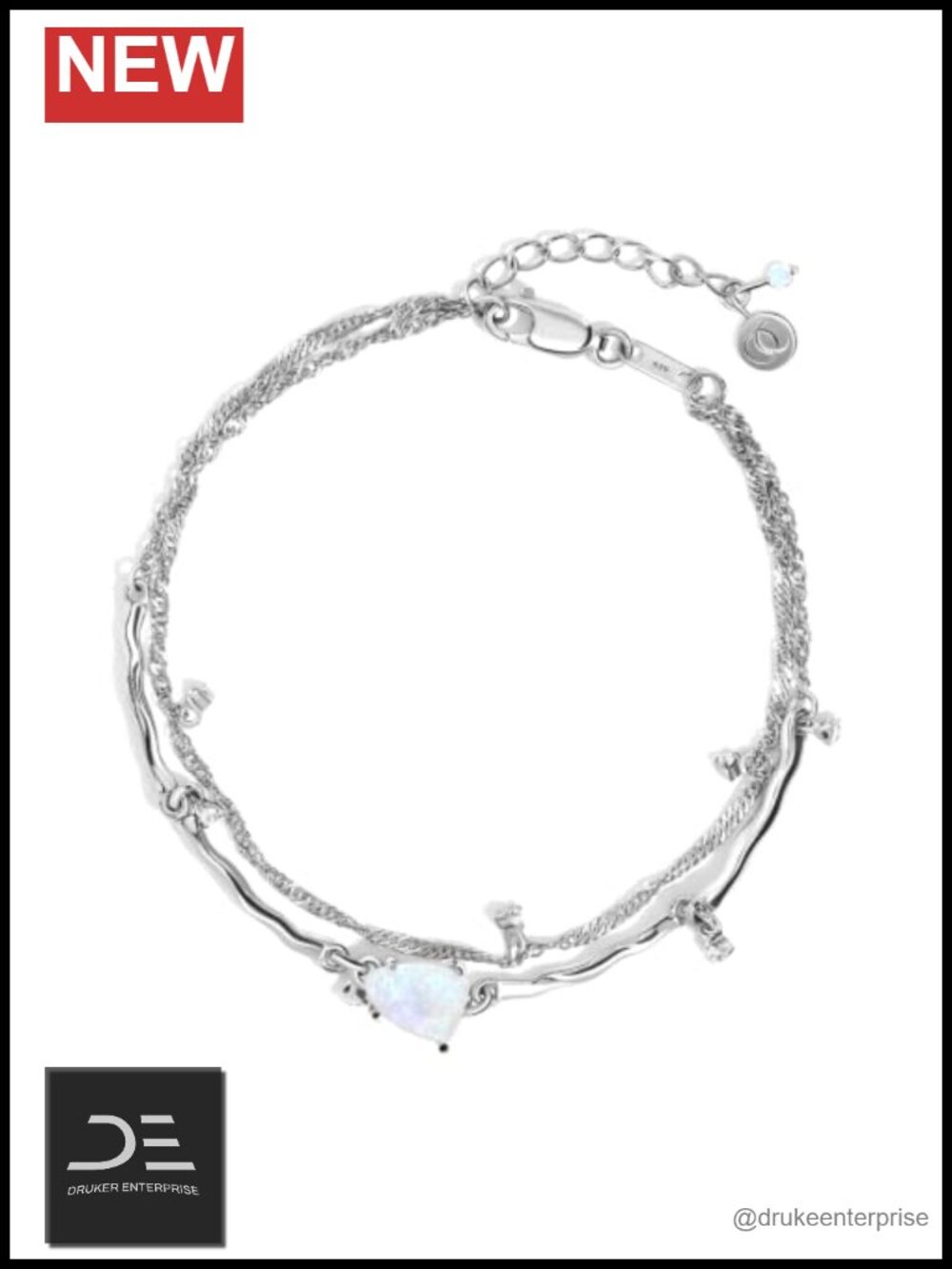 Real Moonstone Black Obsidian Rose Quartz Bracelets Women Rhodium Plated Silver